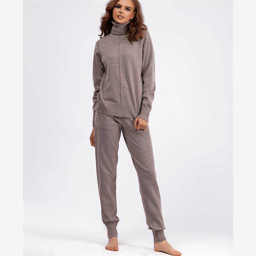 Sweater Knit Set 欧美秋冬新款高领纯色毛衣针织长裤休闲套装女