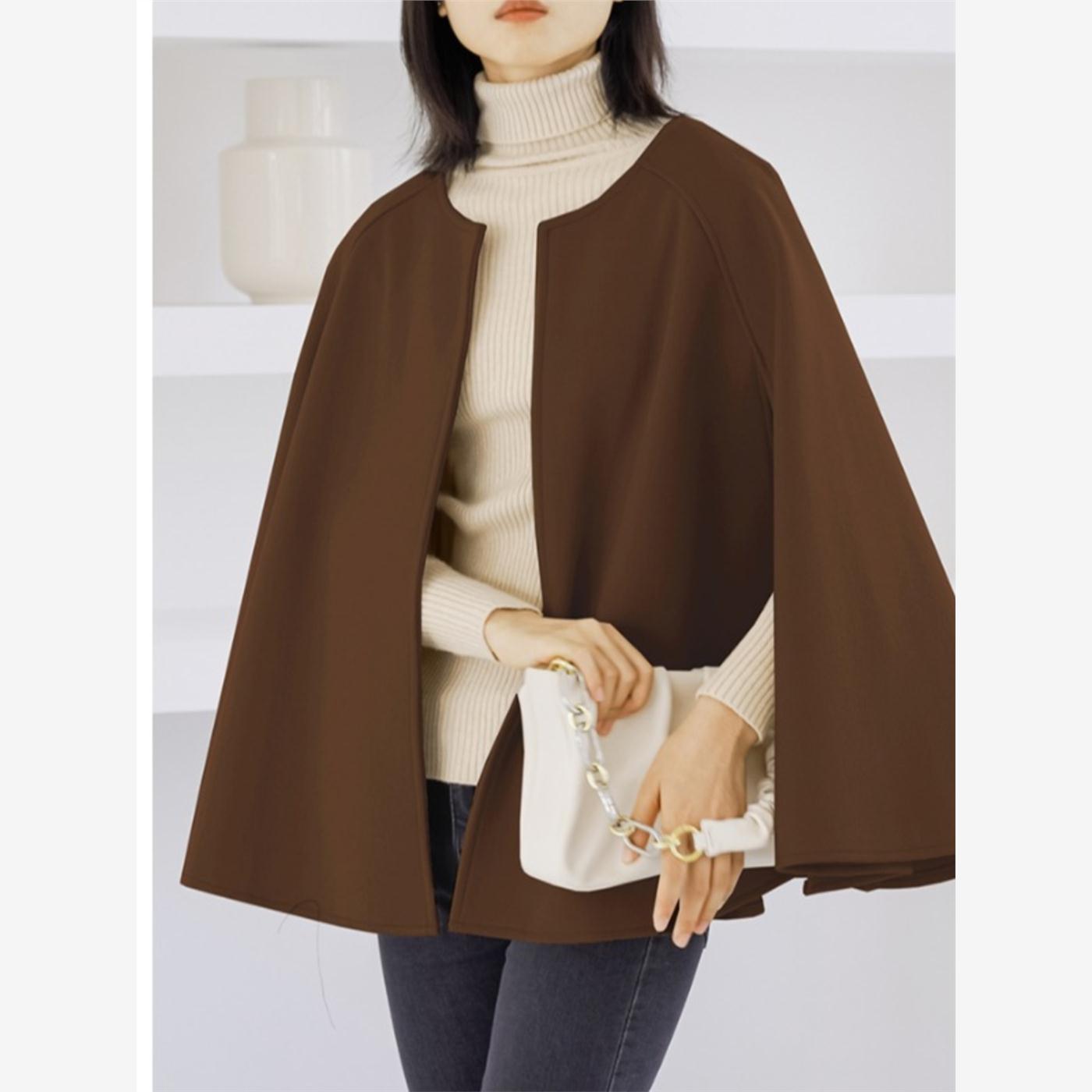 韩版通勤OL时尚秋冬新品深灰色圆领呢子大衣百搭外穿披肩外套气质