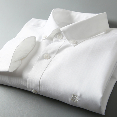 扣领长袖商务休闲白色衬衫