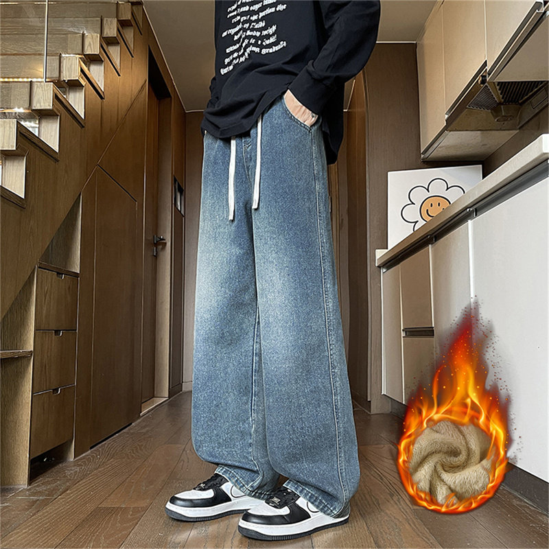 冬季13青少年加绒加厚牛仔裤15岁男孩初中学生14大童松紧腰牛子裤