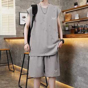 夏季男孩运动背心套装运动服青少年12-16岁初中学生胖大童无袖T恤