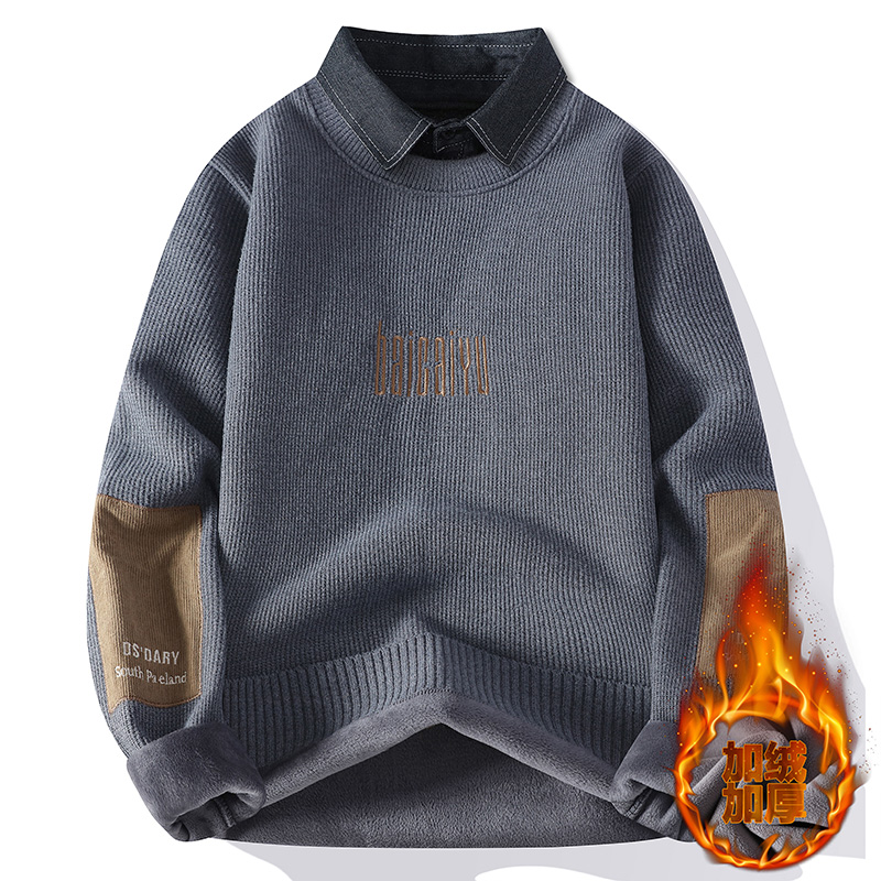 冬季加绒衬衫领毛衣12岁男孩青少年中学生13加厚15大童针织打底杉