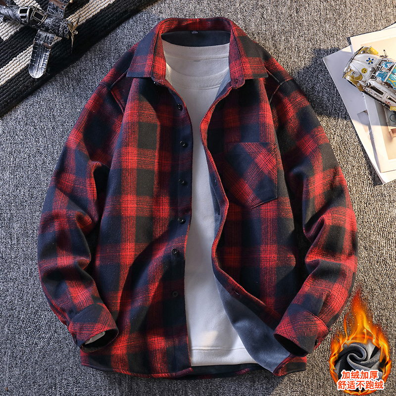 青少年冬季加绒加厚衬衫男孩15岁中学生14大童16打底格子长袖衬衣