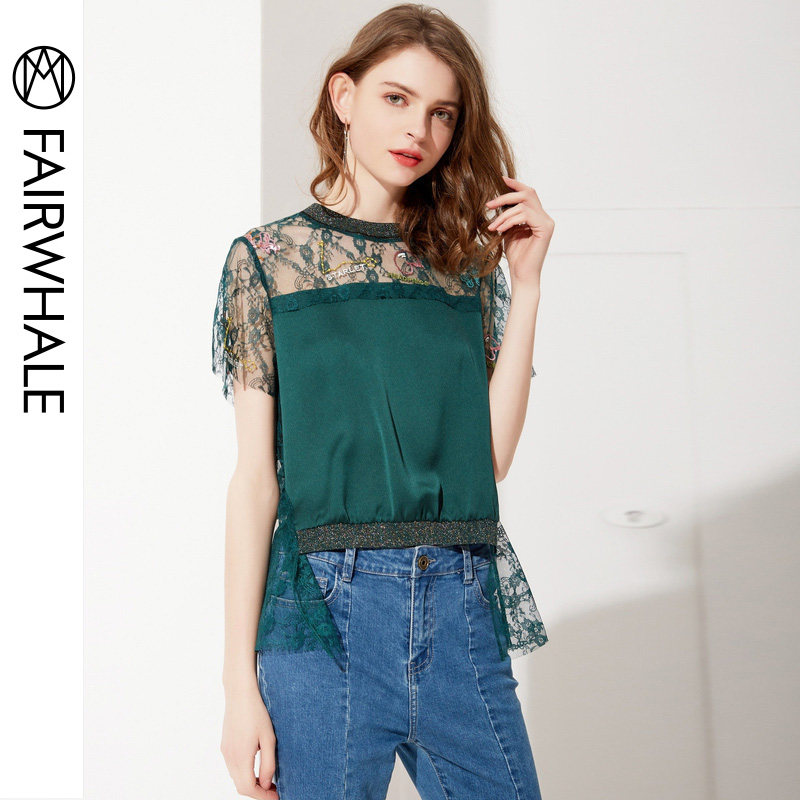 马克华菲女装2020春夏时尚潮流性感网纱不对称下摆气质T恤女