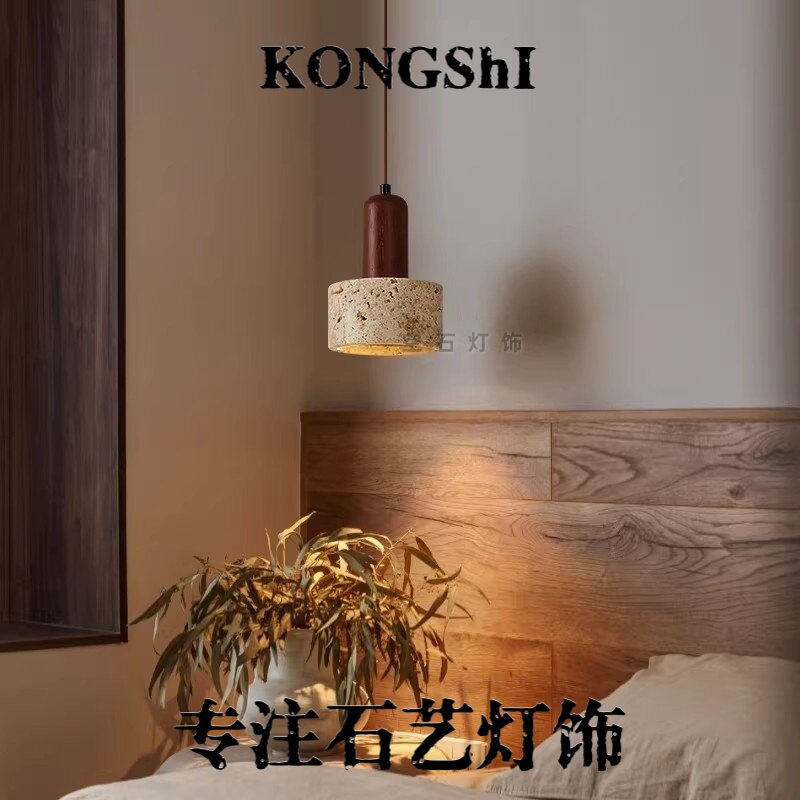 黄洞石日式侘寂风卧室床头吊灯中古可充电免布线餐厅可升降小吊灯图片