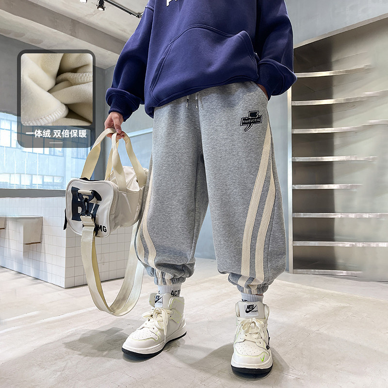 熊猫圆圆男童加绒裤子秋冬款2022年新款潮冬季卫裤儿童一体绒裤子