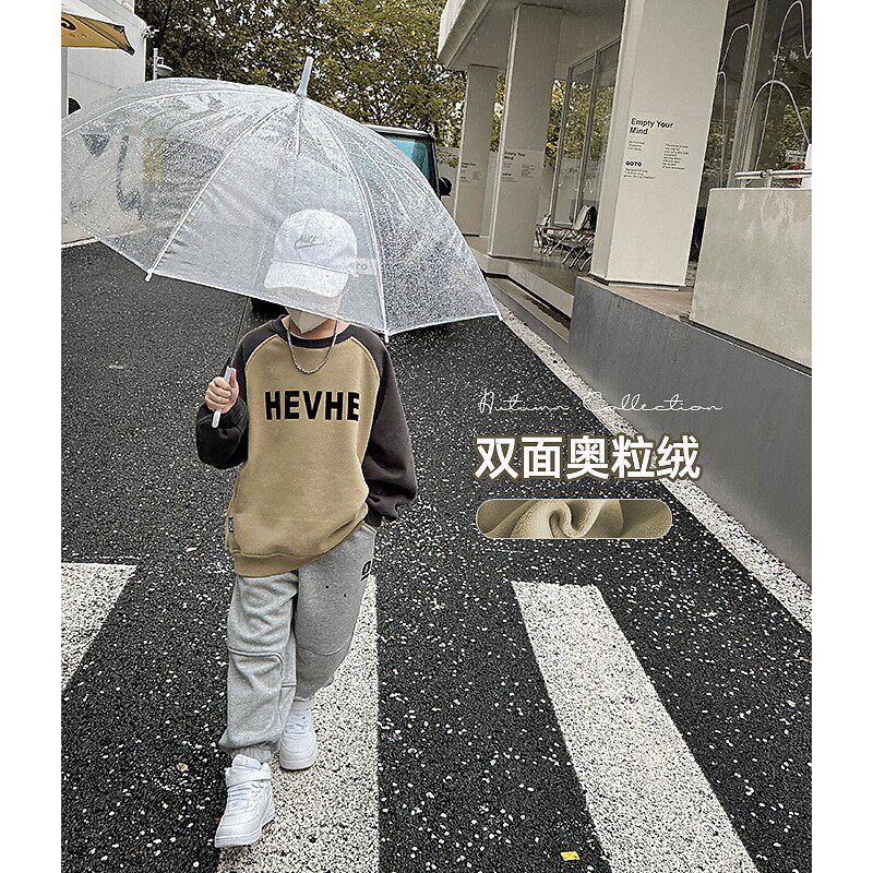 童装男童加绒加厚拼色一体绒卫衣