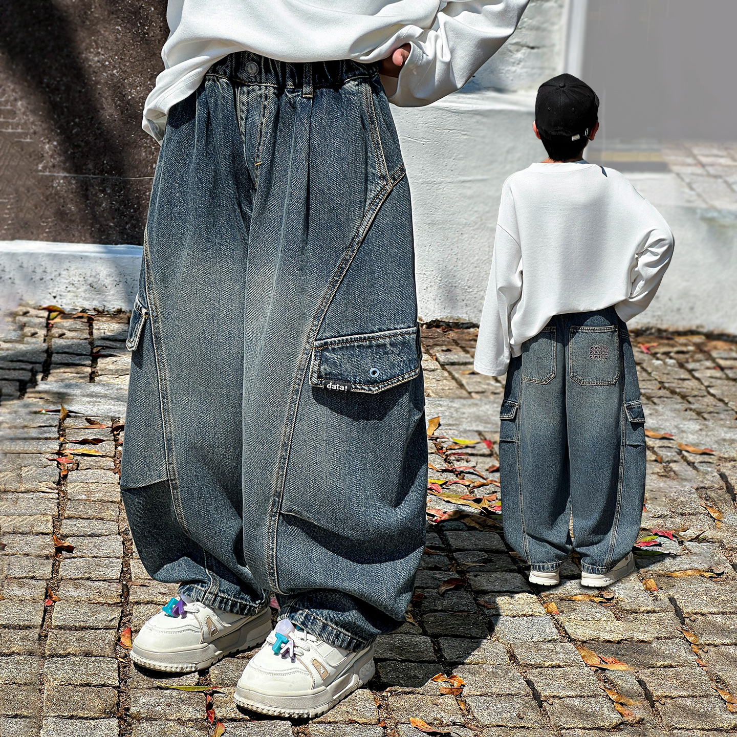 显高显瘦阔腿弯刀牛仔裤男童