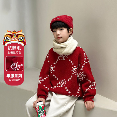 男童红色毛衣拜年服加厚秋冬款