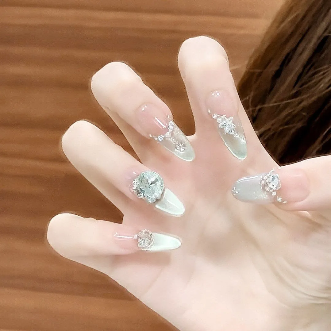 【柔雾海风】气质清冷风烟雾蓝猫眼珍珠爱心钻纯手工可拆卸穿戴甲