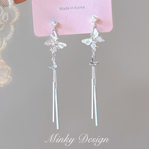 Minky「剪花蝶影」长款流苏耳环蝴蝶耳饰蚊香盘耳夹无耳洞耳钉女