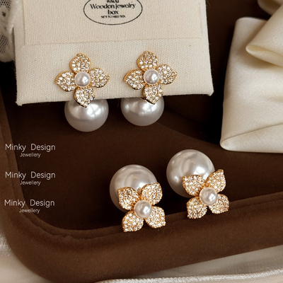 「花韵双珠」一款两戴四叶草独耳钉好看耳饰硅胶耳夹无耳洞耳环女