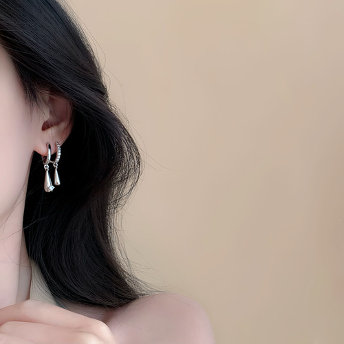 Minky「清灰柔影」双水滴耳钉精致螺丝耳夹无耳洞清冷感耳环耳饰