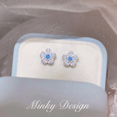 Minky「蓝海小花」锆石耳钉蚊香盘耳夹无耳洞气质耳环花朵耳饰女
