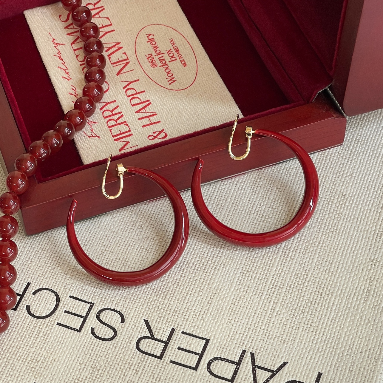 「安可拉红」复古圈圈红色耳饰蚊香盘耳夹耳钉耳圈气质大圈耳环女