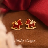 「红运小马」马年本命年耳饰蚊香盘耳夹无耳洞红色小马耳钉耳环女