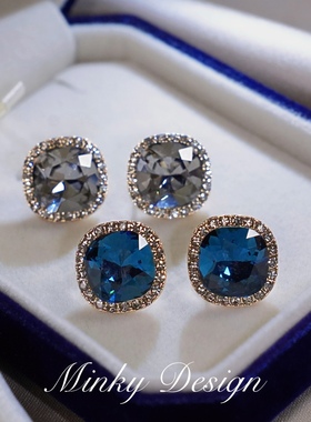 「晴空丹宁」复古蓝色方形锆石耳饰蚊香盘耳夹无耳洞耳环小众耳钉