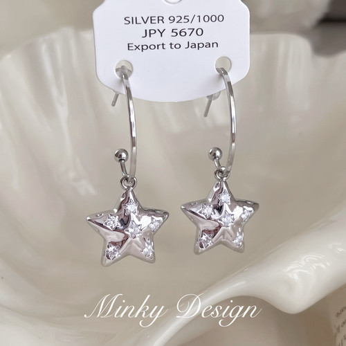 Minky「银河星芒」银色立体五角星耳钉耳饰蚊香盘耳夹无耳洞耳环
