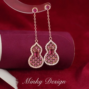 「国泰民安」红葫芦耳饰小众耳钉蚊香盘耳夹女无耳洞独特贵气耳环