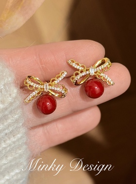 「巴黎甜心」绝美红色耳坠耳饰蚊香盘耳夹女无耳洞耳钉蝴蝶结耳环