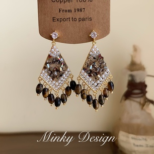 「金珀垂影」原创设计虎眼石耳环蚊香盘耳夹无耳洞女耳钉耳环流苏