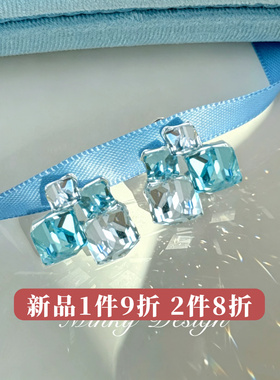 「蓝色妖姬」蓝色锆石耳钉清冷感耳饰蚊香盘耳夹无耳洞气质耳环女