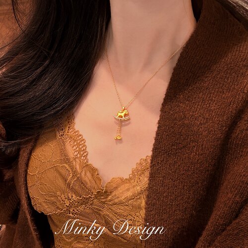 Minky「发财小马」独特金色小马项链元宝流苏小众颈链女士锁骨链