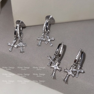 「信仰至上」十字架锆石耳钉冷淡风蚊香盘耳夹无耳洞耳环时尚耳饰