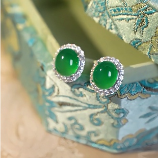 「翡翠湖」新中式 耳饰天然玉髓蚊香盘耳夹气质国风耳环祖母绿耳钉