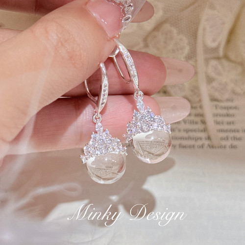 Minky「银冠雪后」满钻皇冠水晶耳饰硅胶耳夹无耳洞耳钉轻奢耳环