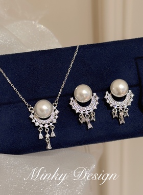 「月影」原创珍珠项链耳环套装纯银锁骨链蚊香盘耳夹无耳洞女耳环