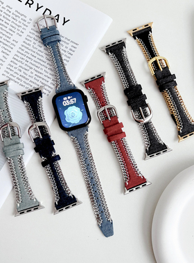 苹果apple watch10手表表带适用S987654321SEUltra手工拉链牛仔