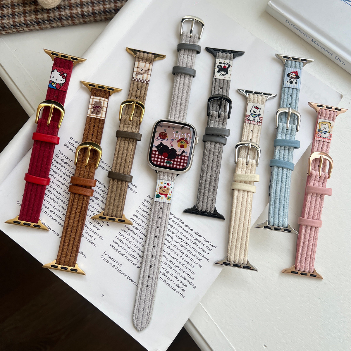 苹果Apple Watch11手表表带适用S10987654321细款灯芯绒皮质女款