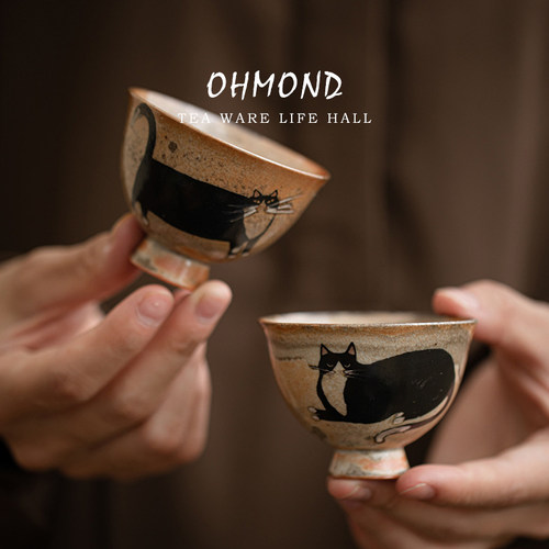 志野窑变开片手绘猫咪茶杯主人杯