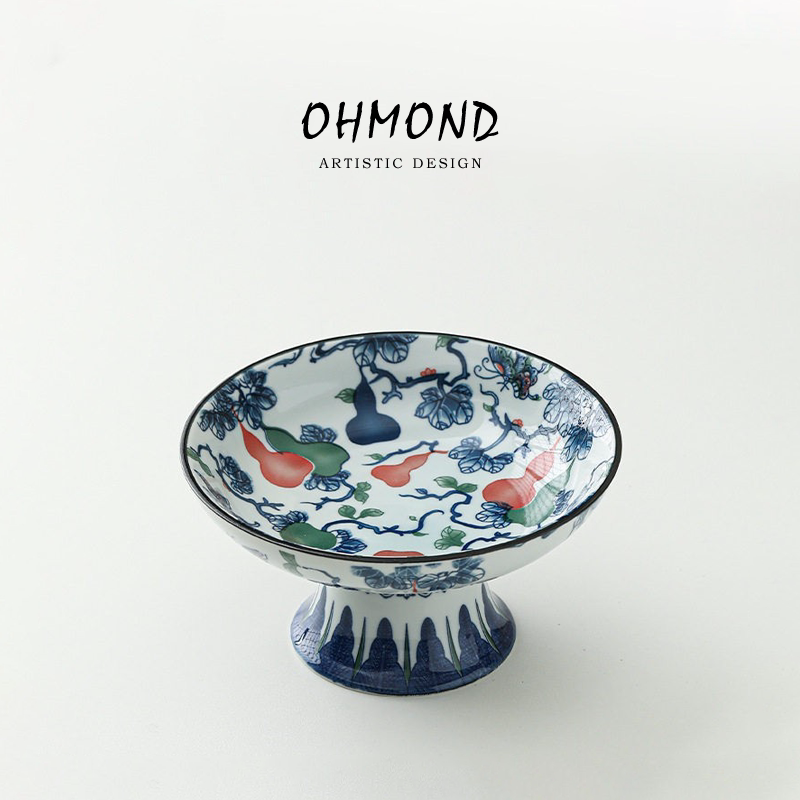 OHMOND | 中式陶瓷小号高脚茶点盘 家用精致佛手瓜托盘水果盘供佛