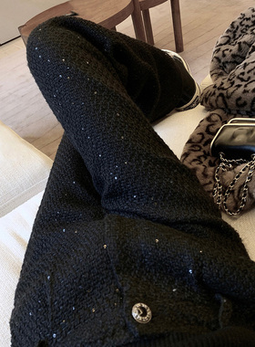 品牌高级感黑色亮片毛呢阔腿裤女秋冬季新款高腰显瘦小香风休闲裤