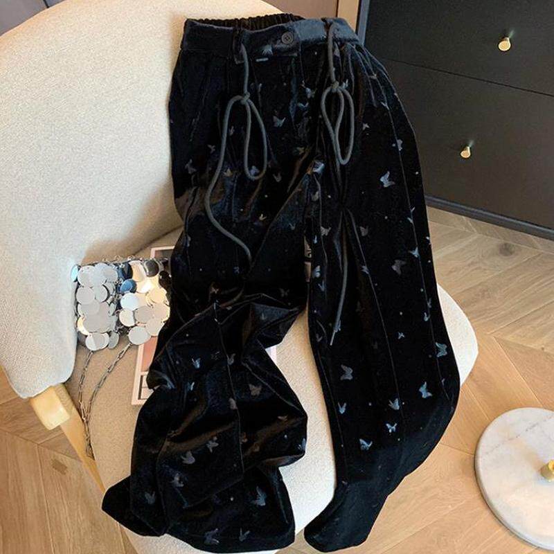 品牌黑色蝴蝶印花抽绳松紧腰丝绒休闲裤秋冬高腰垂感直筒阔腿裤子