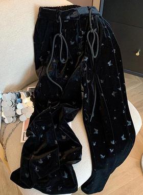 品牌黑色蝴蝶印花抽绳松紧腰丝绒休闲裤秋冬高腰垂感直筒阔腿裤子