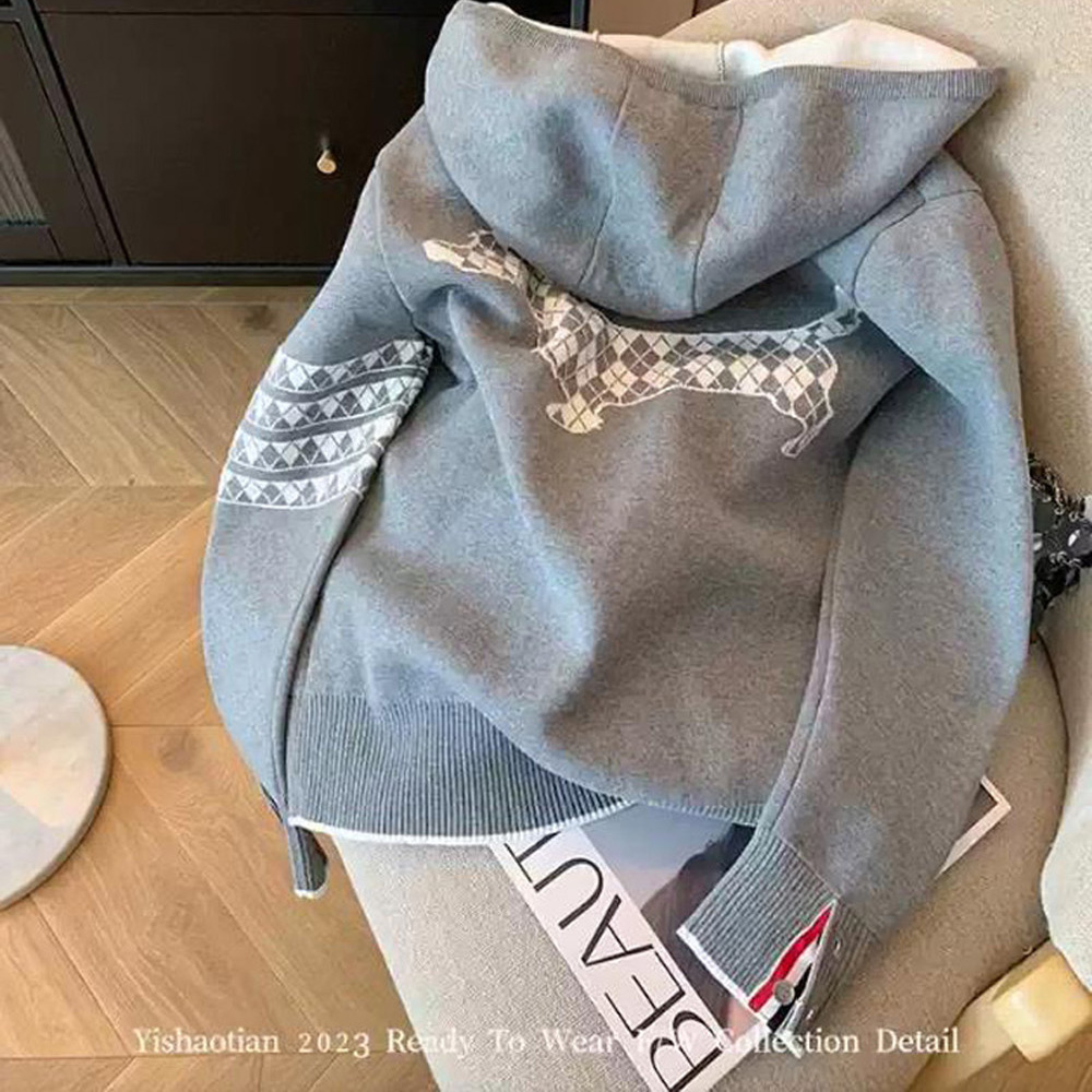 灰色小狗图案拉链连帽针织外套