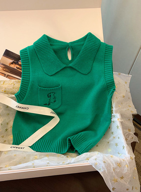 绿色娃娃领刺绣针织背心女夏季2025新款法式减龄甜辣短款无袖上衣