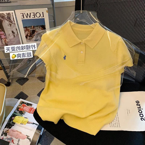 黄色刺绣polo领短袖针织衫