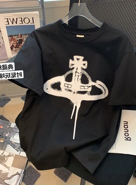 黑色趣味图案正肩T恤女夏季2025新款休闲百搭圆领中长款半袖体恤