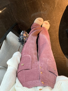 品牌粉色灯芯绒针织阔腿裤女秋冬新款高腰复古小香风垂感休闲裤潮