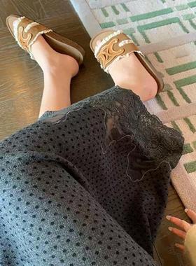 品牌灰色波点蕾丝拼接半身裙女秋新款复古高腰垂感显瘦针织a字裙