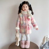 儿童粉格加厚毛呢大衣女宝宝冬季 女童加绒外套秋冬装 2025新款 呢子