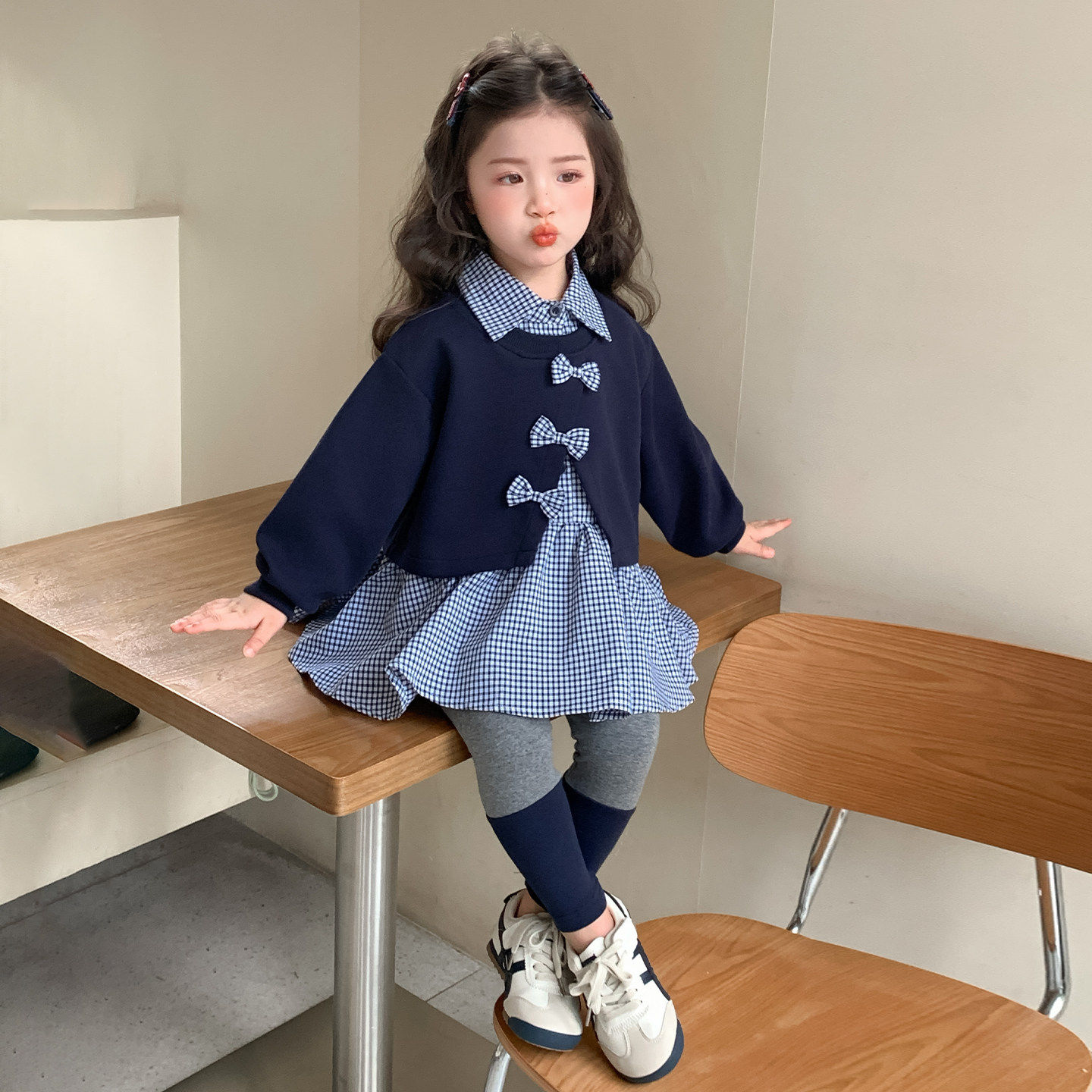女童秋季格子假两件套装蝴蝶结衬衫裙打底裤洋气时髦