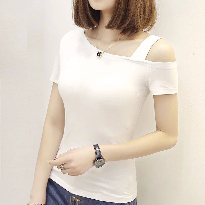 2019春夏季韩版纯白色斜肩吊带上衣T恤女短袖黑色漏肩修身打底衫