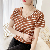 韩版 百搭打底衫 新款 2020夏季 纯棉短袖 t恤女V领条纹上衣修身 半袖 女