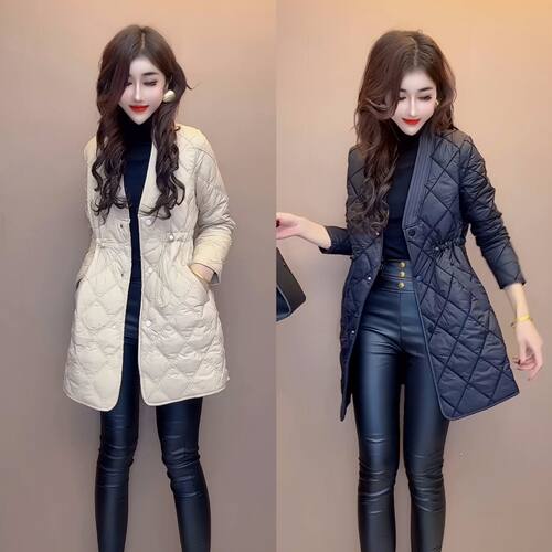 冬季V领压格韩版中长款棉服女保暖二棉服收腰显瘦洋气外套上衣潮