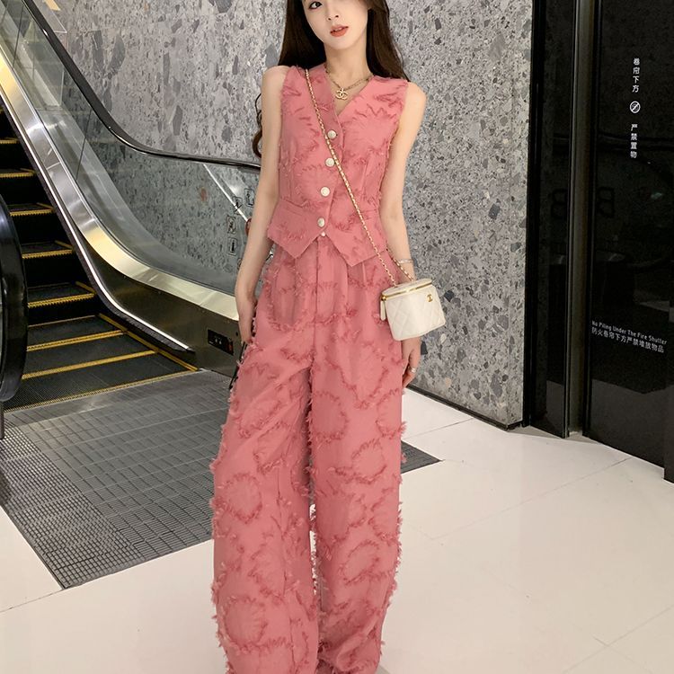 小香风套装女2025夏季显瘦减龄运动休闲西装马甲阔腿裤两件套显瘦